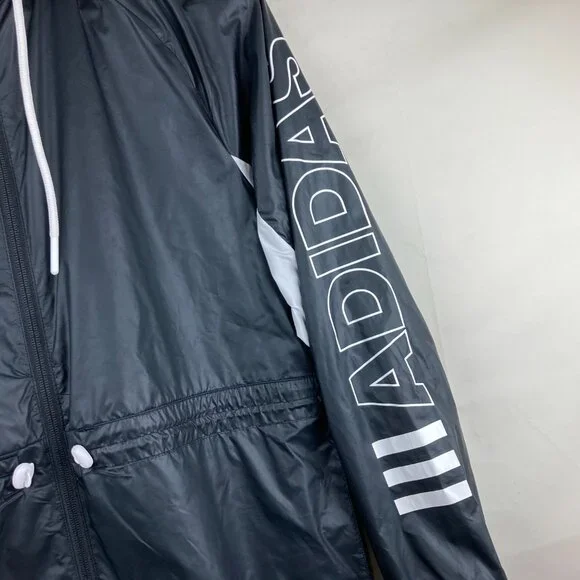 Adidas Women Sz S Black Wind Breaker Zip Up Hooded Jacket Cinched Waist - Picture 5 of 11